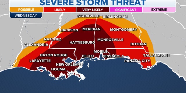 A severe storm threat on Wednesday for the Southeast