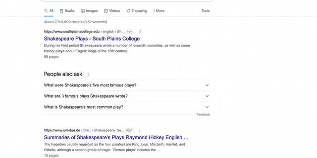 Screenshot of a Google search of a Shakespeare play demonstrating a Google search for specific file types.