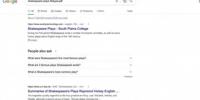 Screenshot of Google Search for Shakespeare plays showing Google searches for specific file types.