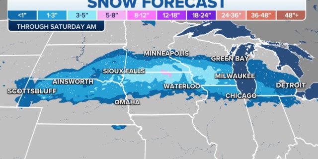 Snow forecast through Saturday morning from the Plains to Michigan