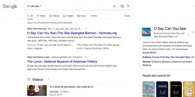Screenshot of a Google search using asterisks.