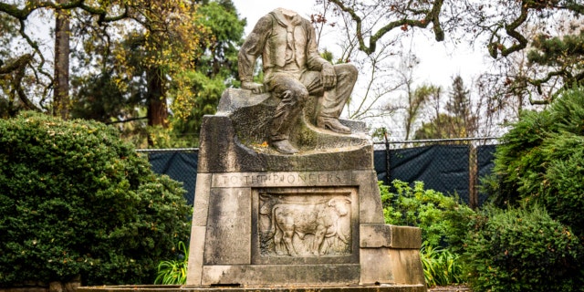 The historic statue of Charles Swanston, its head recently decapitated, stands in William Land Park on Tuesday, Dec. 27, 2022, in Sacramento, California.