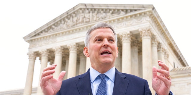 FILE - North Carolina Attorney General Josh Stein speaks in front of the Supreme Court in Washington, on Dec. 7, 2022. 