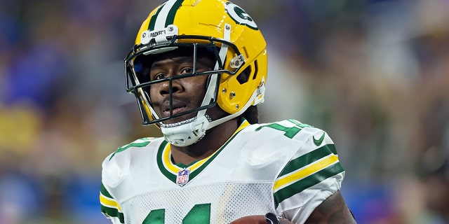 Green Bay Packers wide receiver Sammy Watkins (11) runs on the field with the ball prior to an NFL football game between the Detroit Lions and the Green Bay Packers in Detroit, Michigan USA, on Sunday, November 6, 2022.