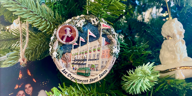 A Christmas tree ornament recognizing James Edgar, a businessman in Brockton, Massachusetts, as the first Santa in a department store in 1890.