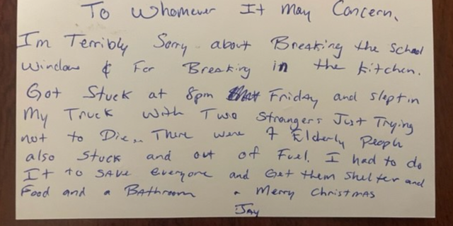 Withey left a note explaining why he broke into the school and signed it, "Merry Christmas, Jay."