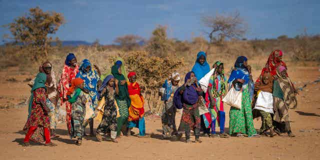 People arrive at a displacement camp on the outskirts of Dollow, Somalia, on Sept. 19, 2022. Somalia has not yet fallen into famine but several parts of the country are in danger of it in the coming months, according to a new food security report on the Horn of Africa's worst drought in decades that was released on Tuesday Dec. 13, 2022. (AP Photo/Jerome Delay, File)