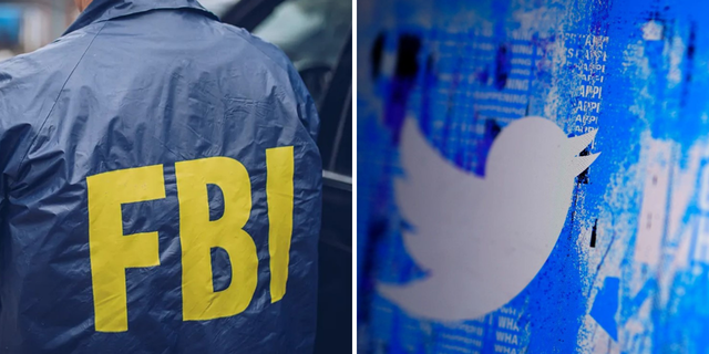 A split image of an FBI agent in an official windbreaker and the Twitter logo on a blue screen.