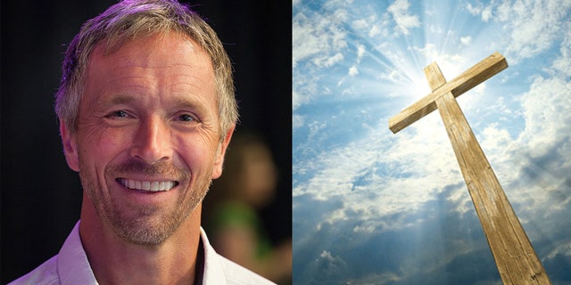 Jeff Myers is pictured, along with a cross, the prominent symbol of the Christian faith. Myers said Jesus came to Earth to "bring salvation."