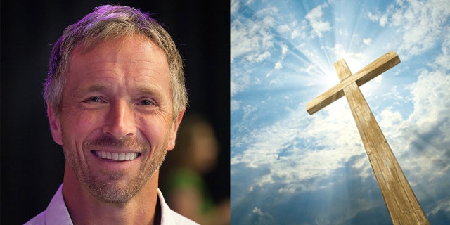 Jeff Myers is pictured, along with a cross, the prominent symbol of the Christian faith. Myers said Jesus came to Earth to "bring salvation."