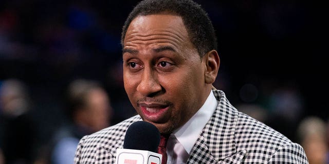 ESPN analyst Stephen A. Smith broadcasts before a game between the Philadelphia 76ers and the Miami Heat at the Wells Fargo Center in Philadelphia on December 18, 2019.