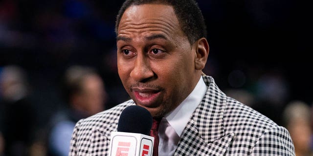 ESPN analyst Stephen A. Smith broadcasts before a game between the Philadelphia 76ers and the Miami Heat at the Wells Fargo Center in Philadelphia on December 18, 2019.