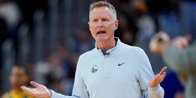 Golden State Warriors coach Steve Kerr reacts during the second half of the team's NBA basketball game against the Chicago Bulls in San Francisco, Friday, Dec. 2, 2022. 