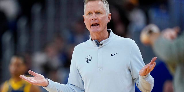 Golden State Warriors coach Steve Kerr reacts during the second half of the team's NBA basketball game against the Chicago Bulls in San Francisco, Friday, Dec. 2, 2022.