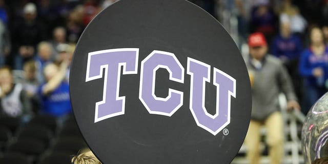 A view of the TCU logo before a Big 12 Tournament semifinal game between the TCU Horned Frogs and Kansas Jayhawks on Mar 11, 2022 at T-Mobile Arena in Kansas City, Missouri.