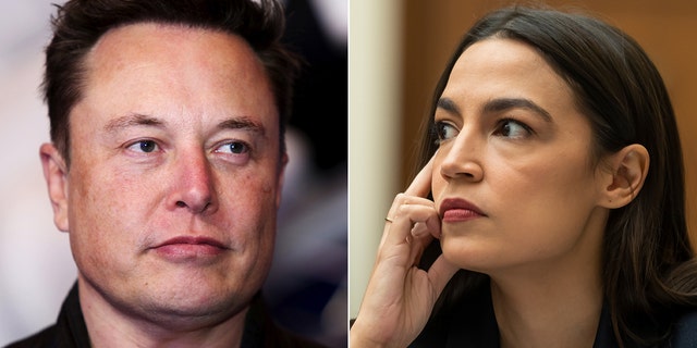 A split photo of Twitter CEO Elon Musk in Berlin, Germany, on Tuesday, Dec. 1, 2020, and Rep. Alexandria Ocasio-Cortez, D-New York, listens at the US Capitol on December 13, 2022, in Washington, DC.