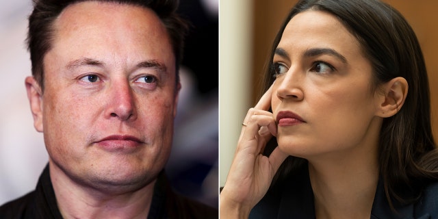 A split photo of Twitter CEO Elon Musk in Berlin, Germany, on Tuesday, Dec. 1, 2020, and Rep. Alexandria Ocasio-Cortez, D-New York, listens at the US Capitol on December 13, 2022, in Washington, DC.