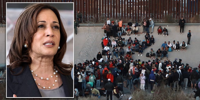 A photo of Vice President Kamala Harris in Dulles, Virginia on June 17, 2022, and migrants gathered at a crossing into El Paso, Texas, on Tuesday, Dec. 20, 2022.