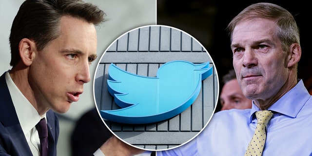 A photo illustration of Sen. Josh Hawley, R-Missouri, on Capitol Hill, April 4, 2022 in Washington, DC, and Rep. Jim Jordan, R-Ohio, on July 21, 2021 in Washington, D; with the Twitter logo in San Francisco, California, on October 28, 2022. 