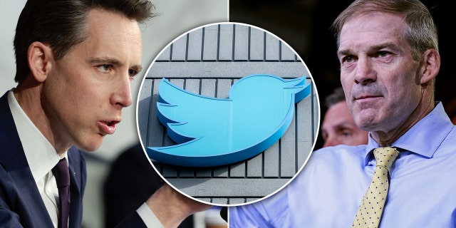 A photo illustration of Sen. Josh Hawley, R-Missouri, on Capitol Hill, April 4, 2022, in Washington, DC, and Rep. Jim Jordan, R-Ohio, on July 21, 2021 in Washington, D; with the Twitter logo in San Francisco, California on October 28, 2022.