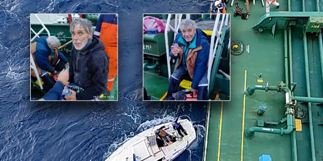 A photo illustration of Kevin Hyde, 65, and Joe Ditomasso, 76, who were rescued by a tanker after they were lost at sea for 10 days.