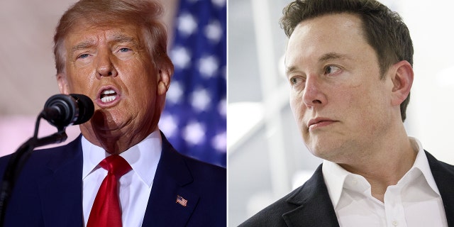 A split photo of former U.S. President Donald Trump on November 15, 2022 in Palm Beach, Florida and Elon Musk at SpaceX headquarters in Hawthorne, California, U.S., on Thursday, Oct. 10, 2019.