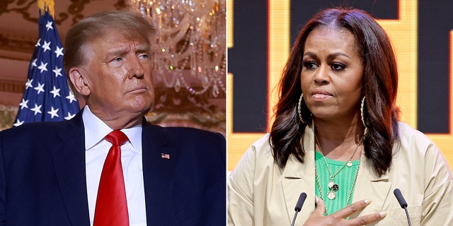 A split photo of former U.S. President Donald Trump on November 15, 2022 in Palm Beach, Florida and Michelle Obama on June 13, 2022 in Los Angeles, California.