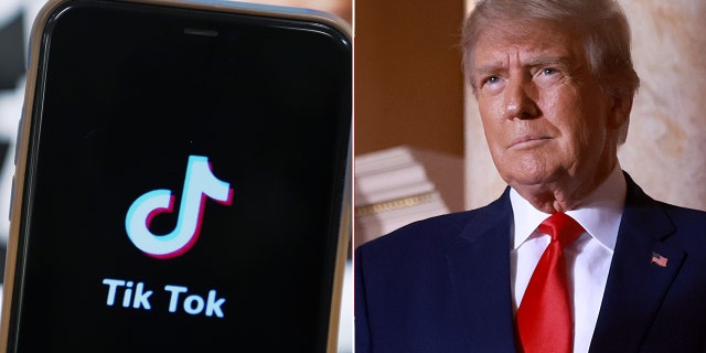 A split photo of former U.S. President Donald Trump in Palm Beach, Fla. on Nov. 15, 2022, and the TikTok logo shown on a mobile phone in Shenzhen, Guangdong province, China, Nov. 29, 2022.