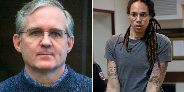 A split photo of Paul Whelan, a former U.S. Marine who was arrested for alleged spying in Moscow, Russia, June 15, 2020, and WNBA star and two-time Olympic gold medalist Brittney Griner in Khimki just outside Moscow, on Aug. 4, 2022.