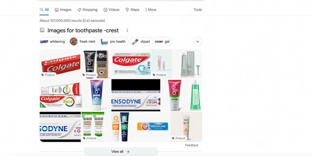 Google search of toothpastes to demonstrate using plus and minus signs in Google.
