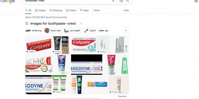 Google search of toothpastes to demonstrate
using plus and minus signs in Google.