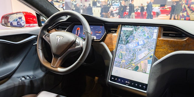 Tesla Model S dual motor all electric sedan interior on display at Brussels Expo on January 9, 2020, in Brussels, Belgium. 