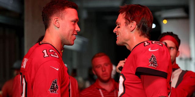 Aaron Judge talks with Tom Brady, #12 of the Tampa Bay Buccaneers, prior to the game against the New Orleans Saints at Raymond James Stadium on Dec. 5, 2022 in Tampa, Florida.