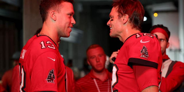 Aaron Judge talks with Tom Brady, #12 of the Tampa Bay Buccaneers, prior to the game against the New Orleans Saints at Raymond James Stadium on Dec. 5, 2022 in Tampa, Florida.