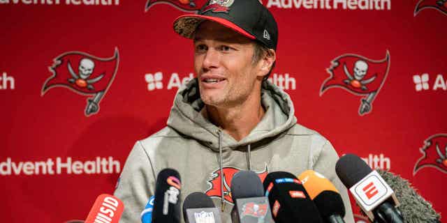 Tom Brady speaks at a press conference at FC Bayern Campus following a game against the Seattle Seahawks on Nov. 11, 2022, in Munich, Germany.