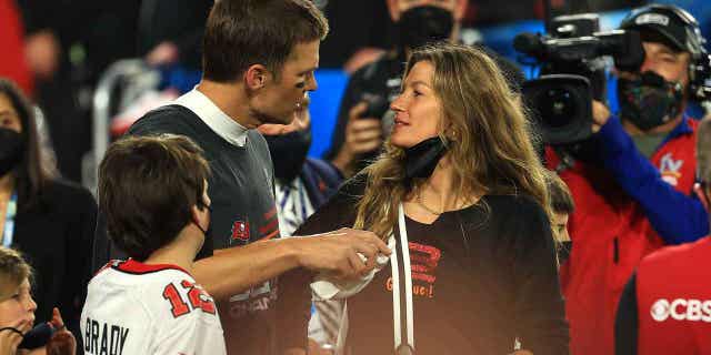 Tom Brady is pictured with wife Giselle Bundchen after winning Super Bowl LV Feb. 7, 2021. Brady and Bundchen announced they were getting divorced Oct. 28, 2022.