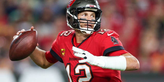 Tampa Bay Buccaneers quarterback Tom Brady (12) drops back to pass against the New Orleans Saints in the second quarter at Raymond James Stadium.