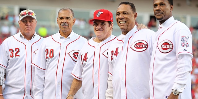 Tom Browning, Cesar Geronimo, Pete Rose, Tony Perez and Eric Davis take in the ceremony celebrating the 25th anniversary of Rose breaking the career hit record of 4,192 on Sept. 11, 2010, at Great American Ball Park in Cincinnati, Ohio. 