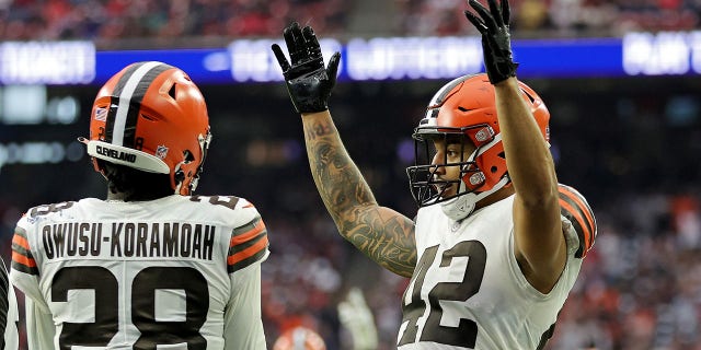 Tony Fields II #42 of the Cleveland Browns celebrates after returning an interception for a touchdown during the fourth quarter against the Houston Texans at NRG Stadium on Dec. 4, 2022 in Houston, Texas.