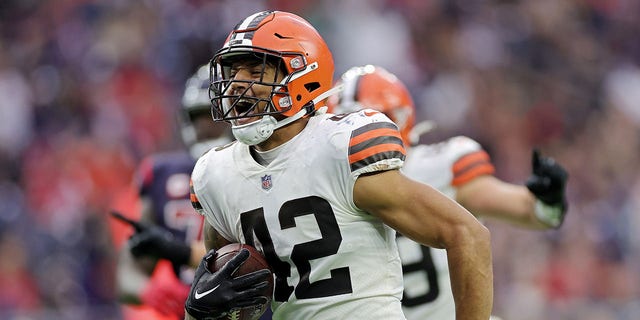  Tony Fields II #42 of the Cleveland Browns reacts while returning an interception for a touchdown during the fourth quarter against the Houston Texans at NRG Stadium on Dec. 4, 2022 in Houston, Texas.