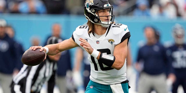 Jacksonville Jaguars quarterback Trevor Lawrence throws against the Tennessee Titans Sunday, Dec. 11, 2022, in Nashville.