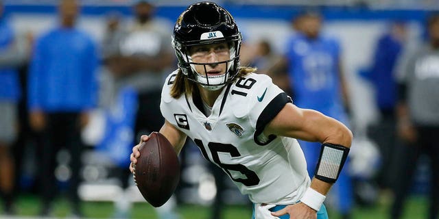 Jacksonville Jaguars quarterback Trevor Lawrence plays during the first half against the Detroit Lions, Dec. 4, 2022, in Detroit.