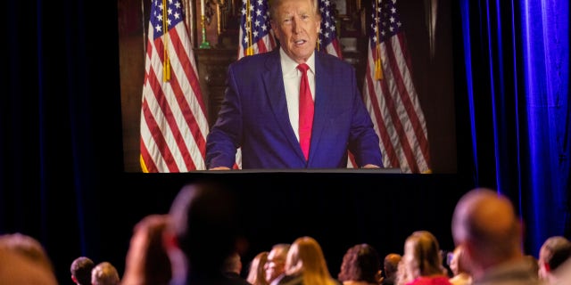 Former President Trump speaks to the Republican Jewish Coalition annual meeting at the Venetian in Las Vegas, on Nov. 19, 2022. 