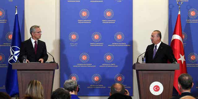 Turkish Foreign Minister Mevlut Cavusoglu, right, and NATO Secretary-General Jens Stoltenberg, left, attend a press conference in Istanbul, Turkey, on Nov. 3, 2022. Sweden and Finland have fulfilled their obligations to Turkey and should be allowed entry into the North Atlantic Treaty Organization NATO, NATO Secretary-General Jens Stoltenberg said Thursday.