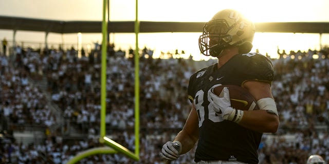 UCF Knights tight end Jake Hescock (88) reacts after catching a pass for a touchdown against the Stanford Cardinal during the fourth quarter at Spectrum Stadium in Orlando, Fla., Sept. 14, 2019.