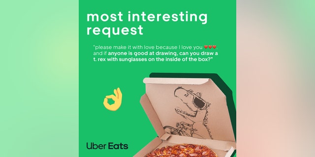 An Uber Eats customer requested a sketch of a dinosaur included with his order this year.