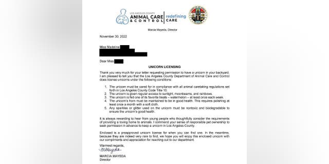Marcia Mayeda, the director of the Los Angeles Department of Animal Care and Control, responded to Madeline's unicorn license request letter Nov. 30, 2022. The agency approved the young girl's license and provided unicorn care conditions.