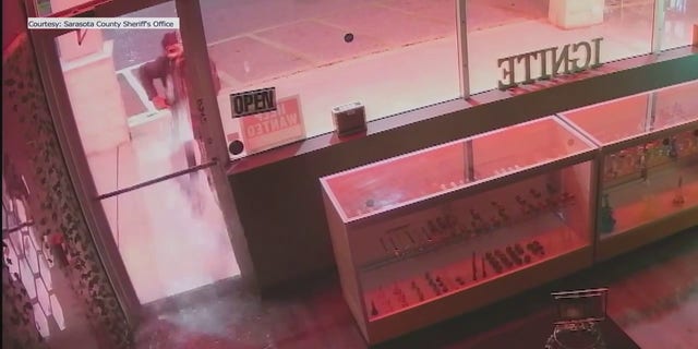Surveillance footage from the Sarasota County Sheriff's Office shows a man shooting into the glass door of a vape shop before burglarizing it.