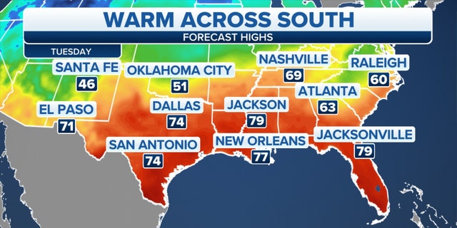 Forecast high temperatures across the South on Tuesday