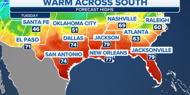 Forecast high temperatures across the South on Tuesday